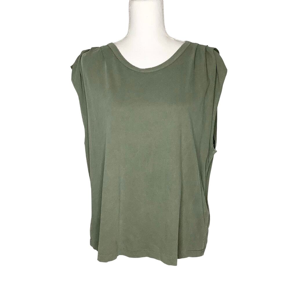 AMO Olive Green Sleeveless Tee Scoop Neck Pleated Shoulders Distressed Large